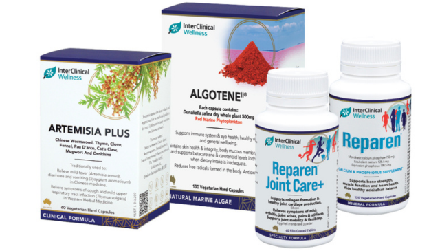 InterClinical Wellness range of products including Algotene, Reparen range and Artemisia Plus